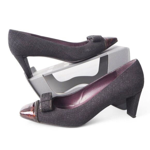 Stuart Weitzman Jazzbow Saffiano Pump Heels Black / Tortoiseshell Women's 6.5M - Picture 1 of 11